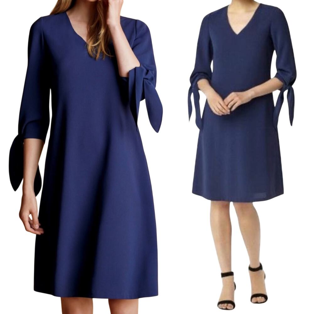 Lafayette 148 Kenna Finesse Drape Shift Dress A Line Tie Sleeves V Neck Navy S